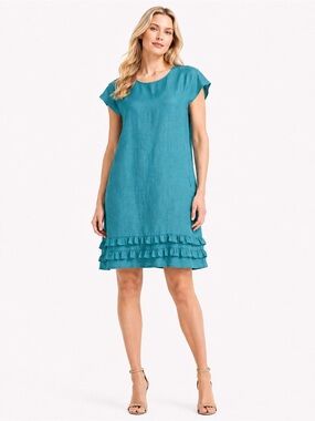 Vintage Foil 100% Linen Teal Ruffle Hem‎ Shift Dress
